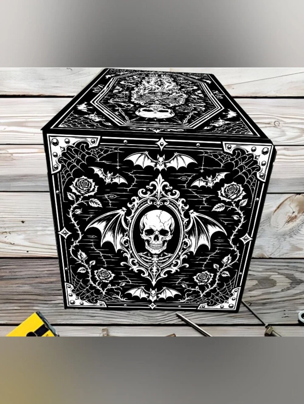 NEW Custom Laser engraved Mini Metal tool box Coffin Goth Skull Skeleton Black
